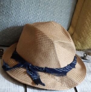 Talula Aritzia Tan Straw Fedora with Blue Band